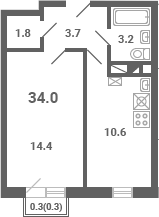 1-комн., 33.7 м², 4/4 этаж, ЖК «Южная Долина»