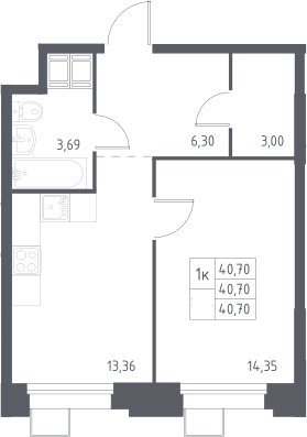 1-комн., 40.7 м², 12/23 этаж, ЖК «Тропарево Парк»