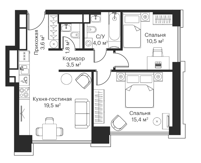 3-комн., 58.7 м², 51/52 этаж, ЖК «Сити Бэй»
