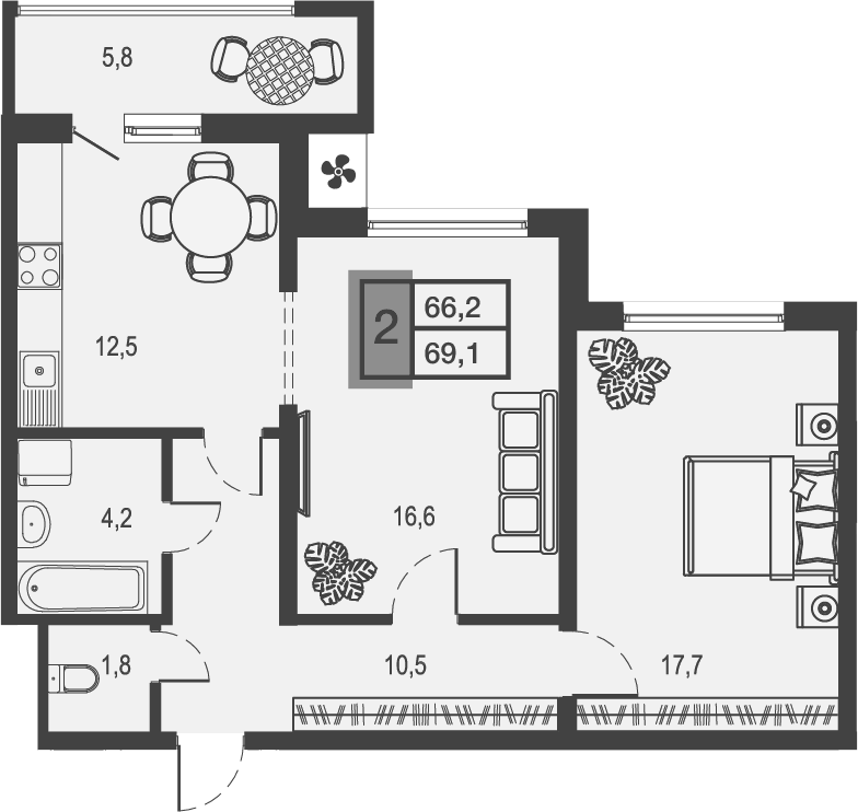2-комн. квартира, 63.3 м² в ЖК Дом у озера — фото 2