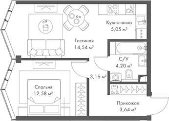 2-комн., 43.17 м², 24/24 этаж, ЖК «МИРА»
