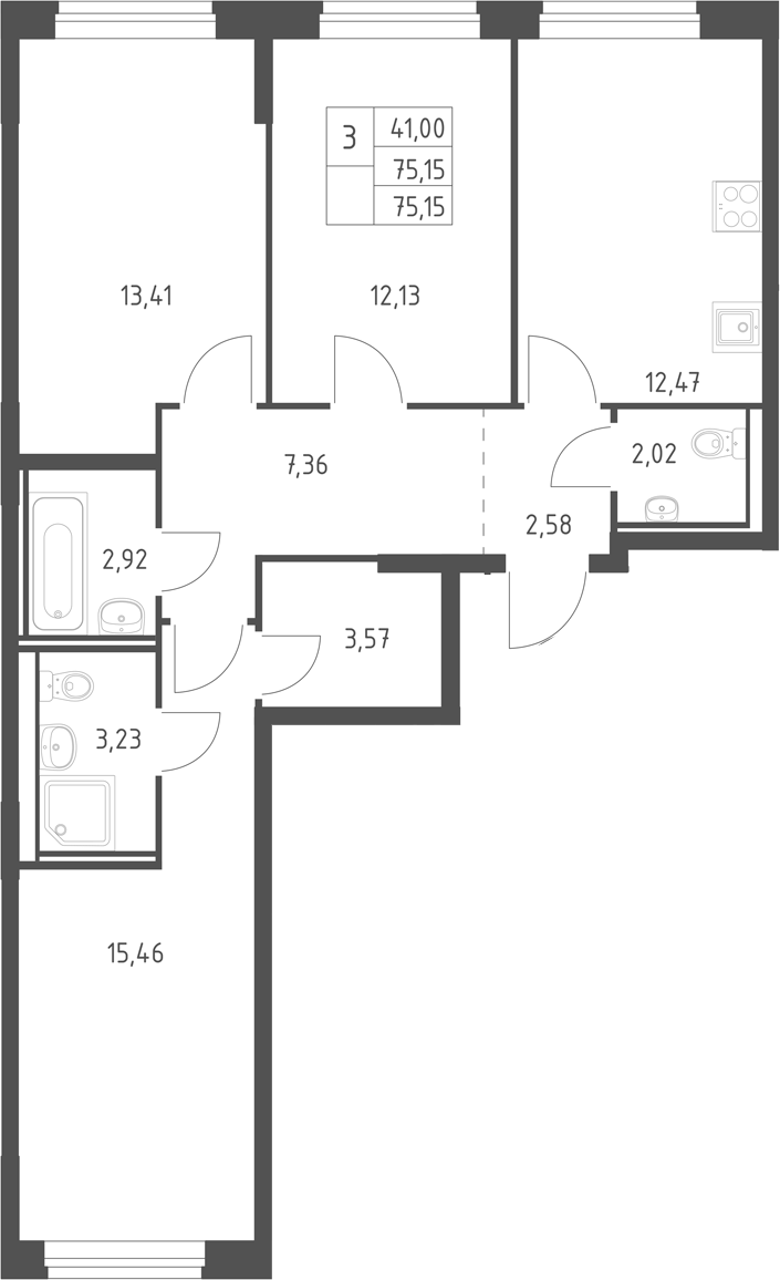 3-комн., 75.15 м², 6/11 этаж, ЖК «Горки Парк»