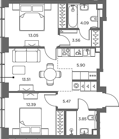 3-комн., 61.82 м², 38/49 этаж, ЖК «TATE»