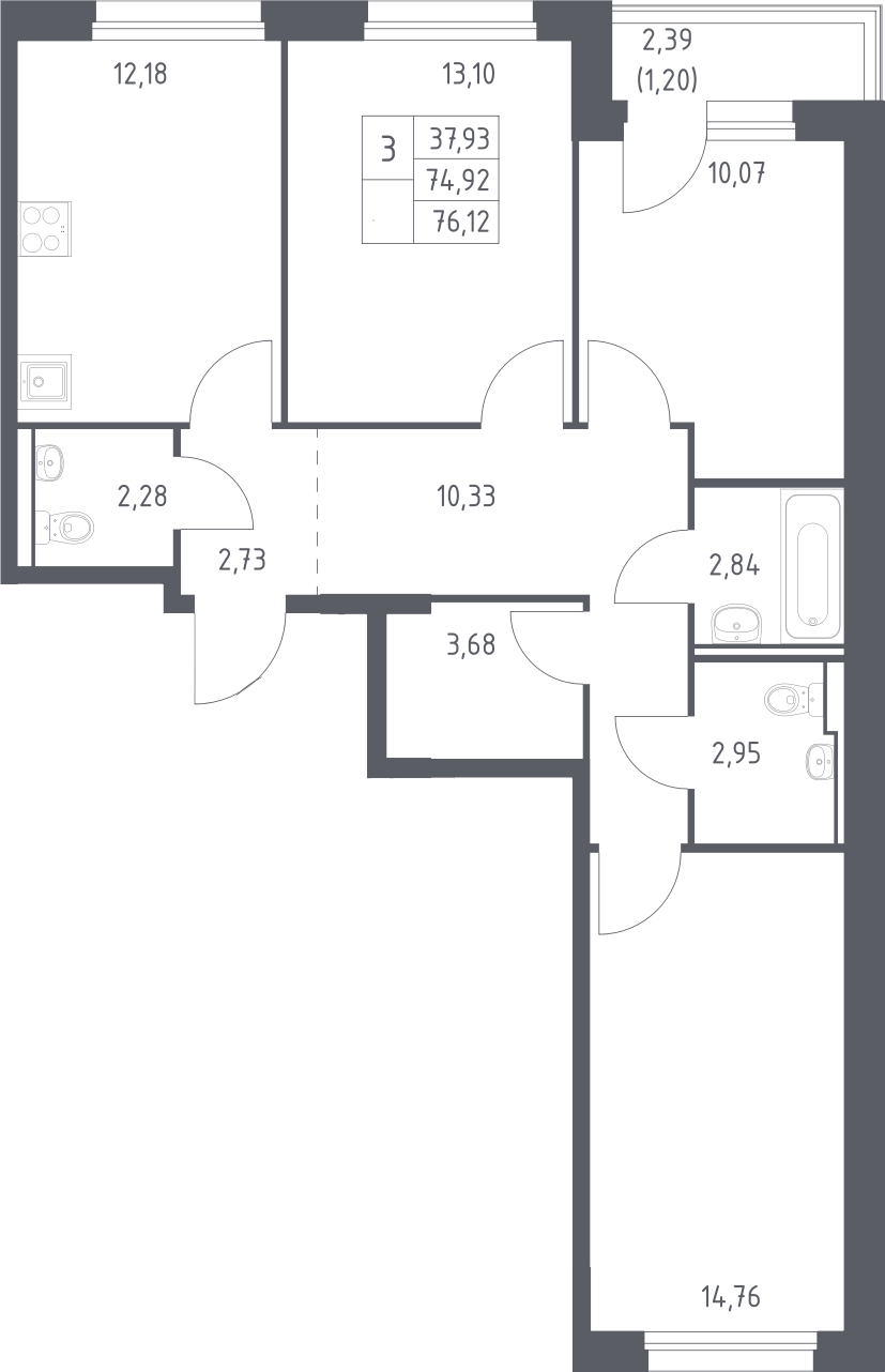 3-комн., 74.92 м², 2/13 этаж, ЖК «Прибрежный Парк»
