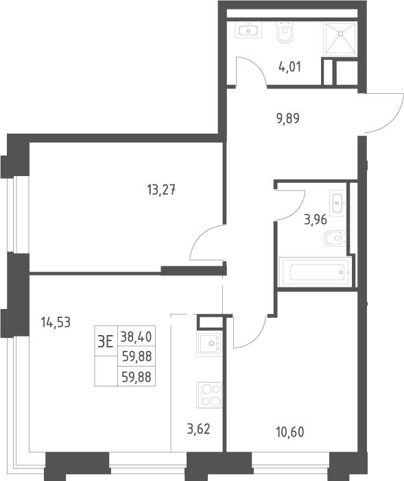 3-комн., 59.88 м², 5/14 этаж, ЖК «Верейская 41»
