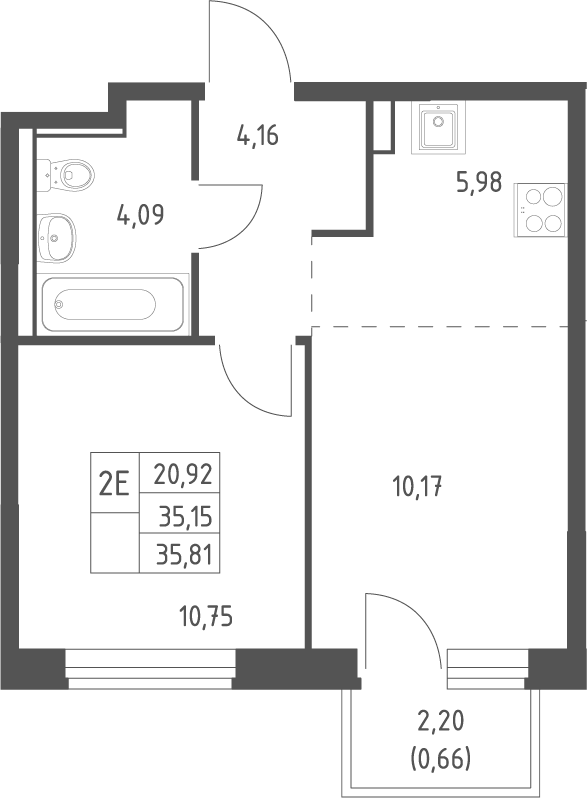 2-комн., 35.15 м², 4/17 этаж, ЖК «Квартал Ивакино»