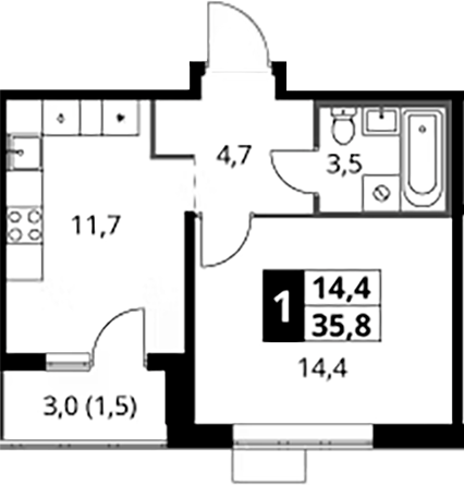 1-комн., 34.3 м², 15/24 этаж, ЖК «1-й Южный»