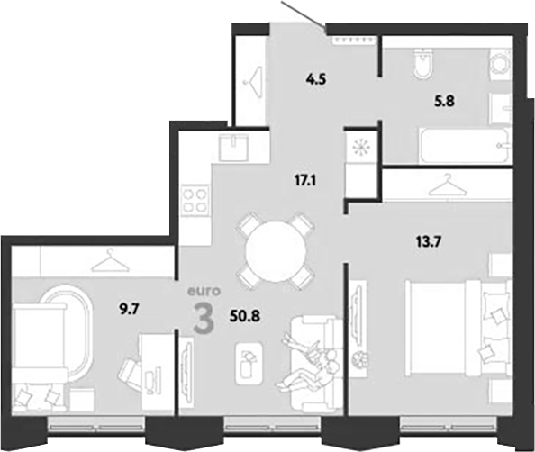 3-комн., 50.8 м², 26/29 этаж, ЖК «Страна.Заречная»