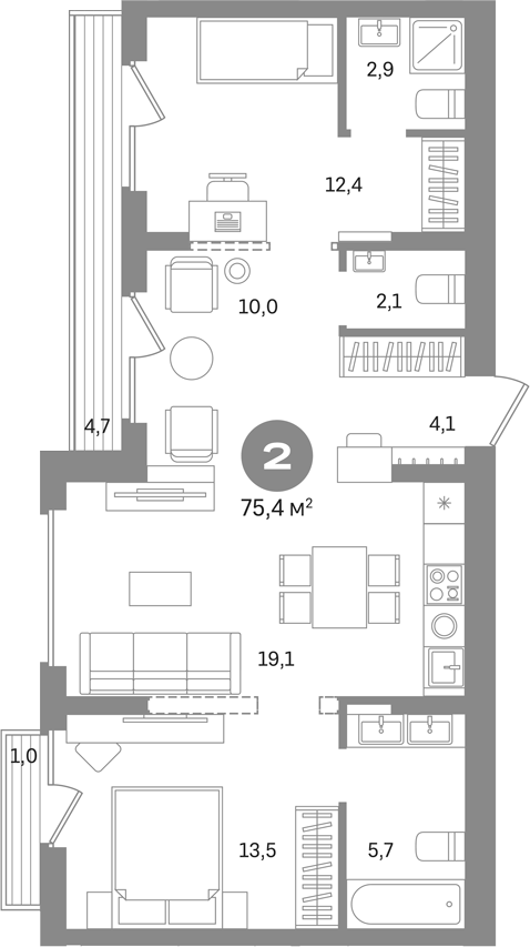2-комн., 69.7 м², 5/6 этаж, ЖК «Первый квартал. Вторая очередь»