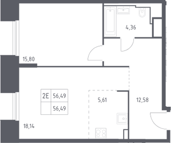 2-комн., 56.49 м², 29/30 этаж, ЖК «Скай Спутник»