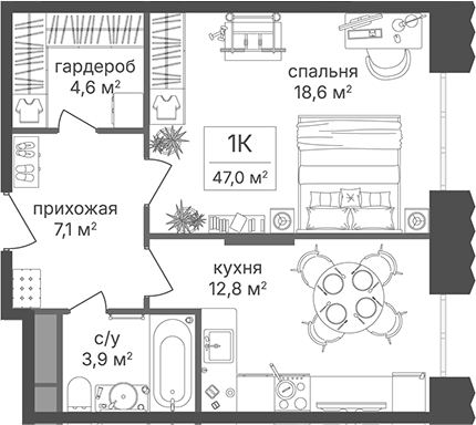 1-комн., 47 м², 3/30 этаж, ЖК «Гостиничный комплекс Варшавские ворота»