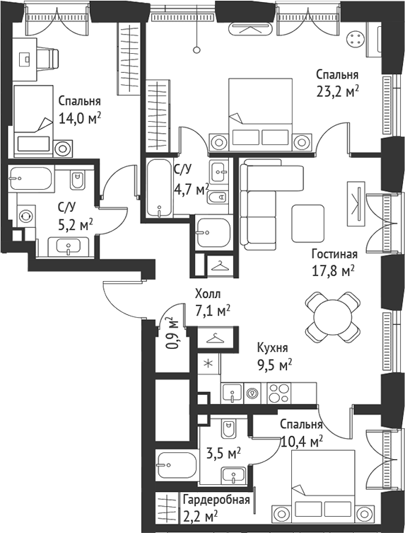 4+ комнаты, 98.27 м², 5/52 этаж, ЖК «СЕТ»