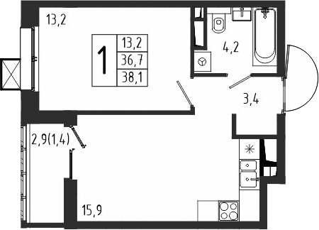 1-комн., 36.7 м², 10/10 этаж, ЖК «Берег»