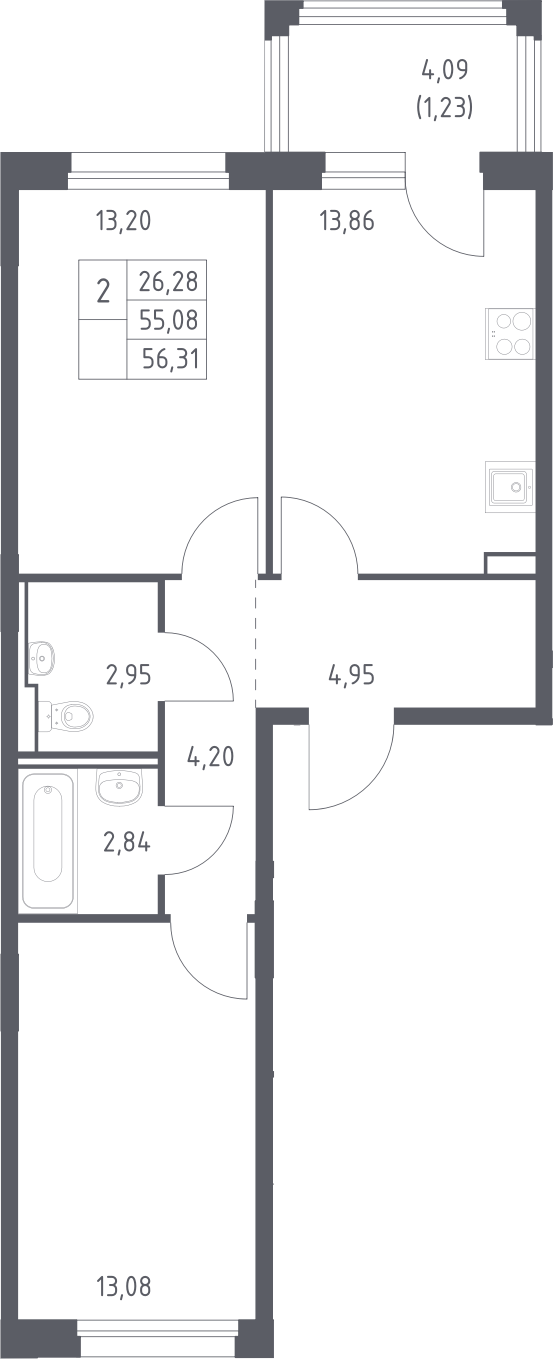 2-комн., 55.08 м², 4/13 этаж, ЖК «Прибрежный Парк»
