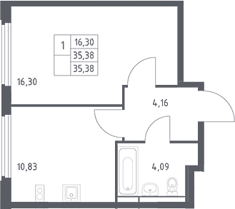 1-комн., 35.38 м², 14/17 этаж, ЖК «Космический Квартал»
