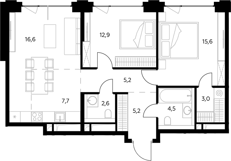3-комн., 73.3 м², 6/7 этаж, ЖК «Монблан»