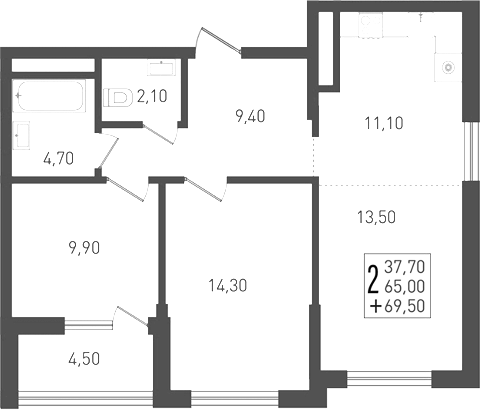 3-комн. квартира, 65 м² в ЖК Югге — фото 2