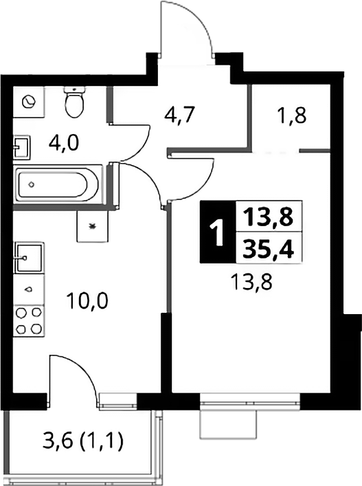 1-комн., 34.3 м², 3/9 этаж, ЖК «1-й Ясеневский»