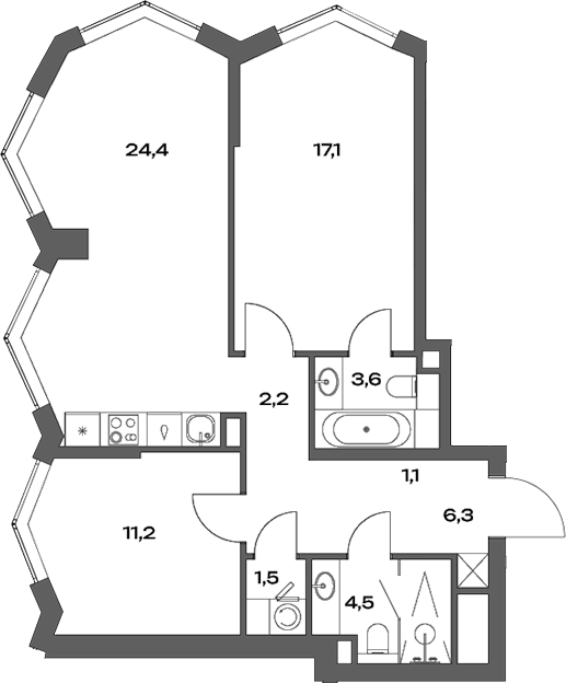 3-комн., 71.9 м², 12/30 этаж, ЖК «Акценты»