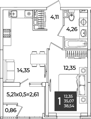 1-комн., 35.07 м², 14/18 этаж, ЖК «Образцово»