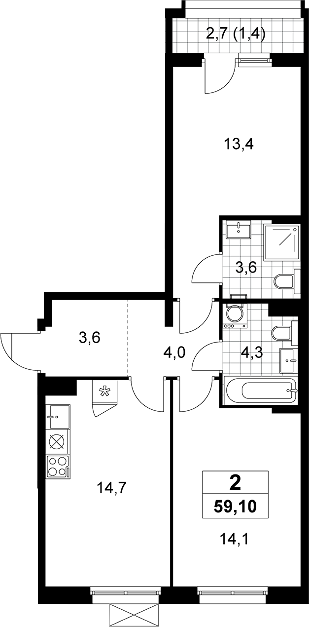 2-комн., 57.7 м², 10/16 этаж, ЖК «Прокшино»
