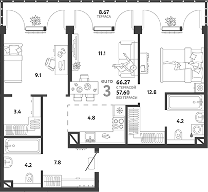 3-комн. Страна.Озерная
