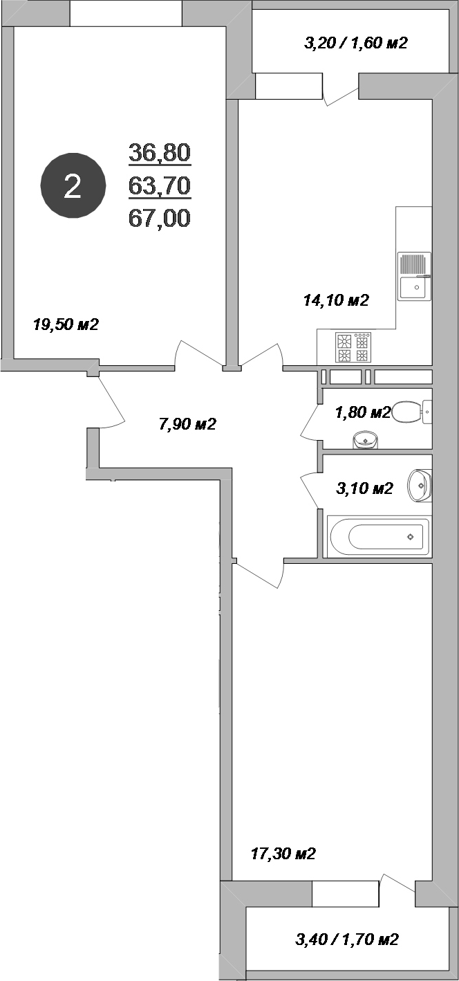 2-комн., 63.7 м², 15/17 этаж, ЖК «Новые Островцы»