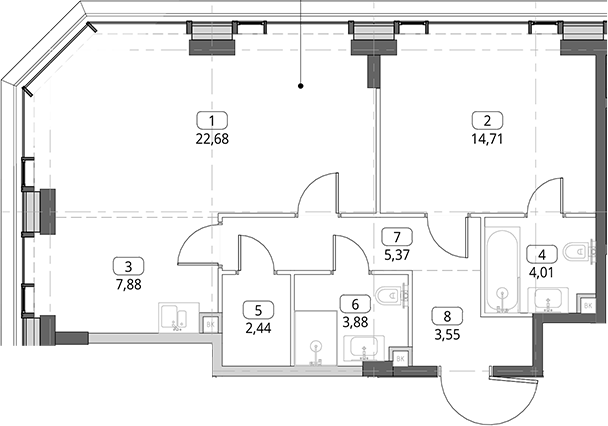 2-комн., 64.52 м², 11/26 этаж, ЖК «СИТИДЗЕН»