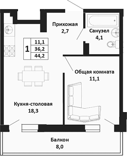 2-комн. квартира, 36.2 м² в ЖК Южные Соседи — фото 2