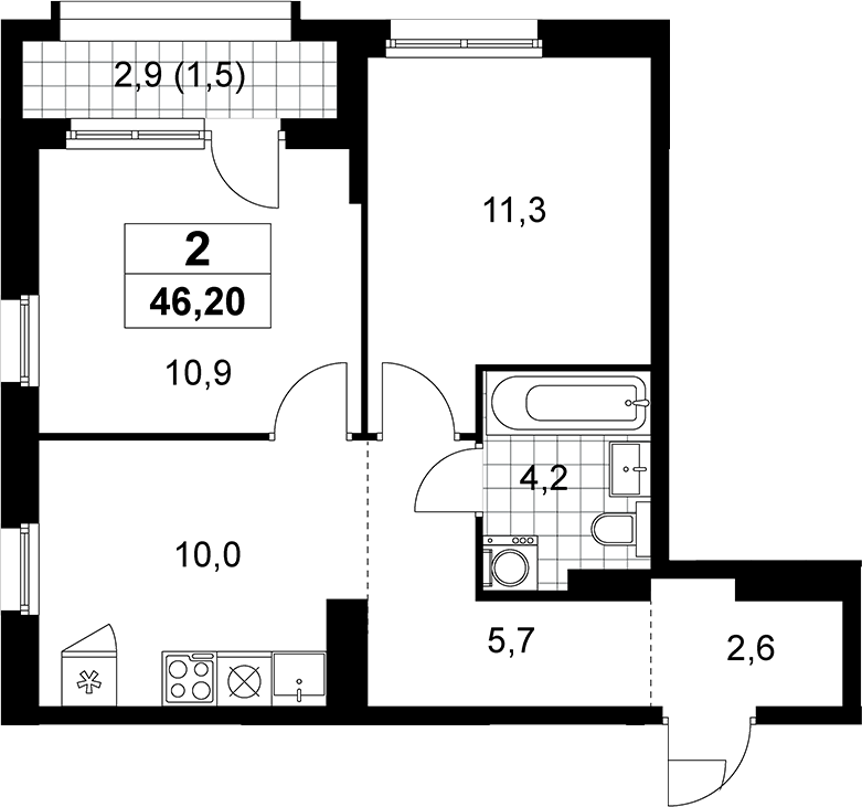 2-комн., 44.7 м², 13/16 этаж, ЖК «Прокшино»