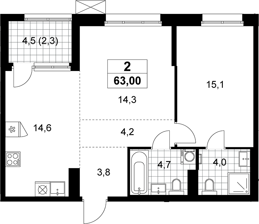 2-комн., 60.7 м², 12/12 этаж, ЖК «Дзен-кварталы»