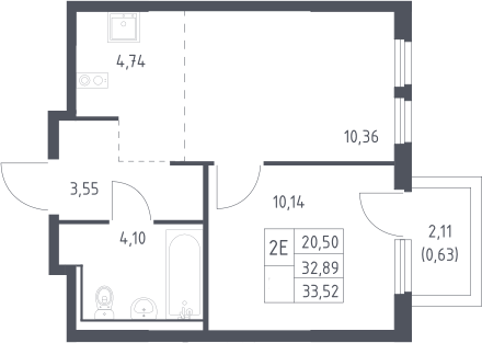2-комн., 32.89 м², 14/17 этаж, ЖК «Пригород Лесное»