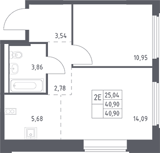 2-комн., 40.9 м², 11/17 этаж, ЖК «Космический Квартал»