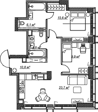 3-комн., 70.9 м², 39/59 этаж, ЖК «Веер»