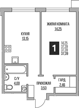 2-комн., 37.39 м², 2/12 этаж, ЖК «Гранель Притяжение Сити»