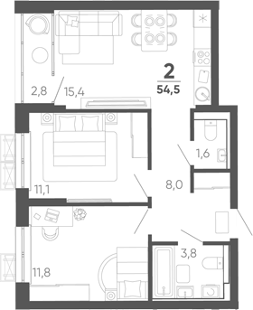 2-комн. квартира, 51.7 м² в ЖК Барса — фото 2