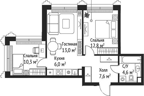 3-комн., 54.3 м², 47/59 этаж, ЖК «СЕТ»