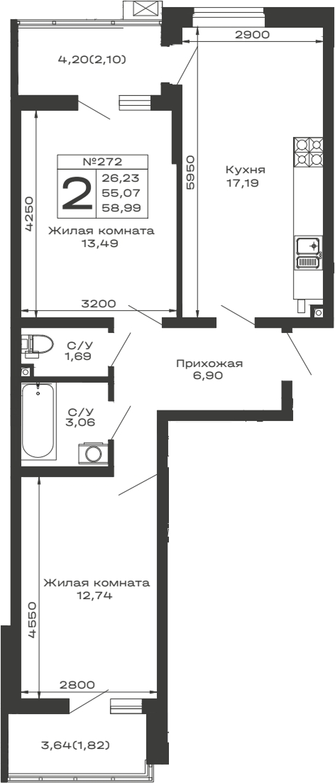 2-комн. квартира, 55.07 м² в ЖК Долина — фото 2