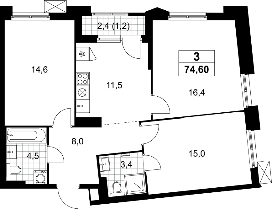 3-комн., 73.4 м², 11/16 этаж, ЖК «Деснаречье»