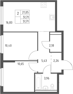 3-комн., 51.71 м², 9/9 этаж, ЖК «Большое Юрлово»
