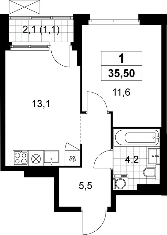 1-комн., 34.4 м², 11/16 этаж, ЖК «Прокшино»