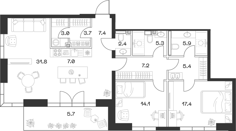 3-комн., 110.6 м², 4/18 этаж, ЖК «SHIFT»