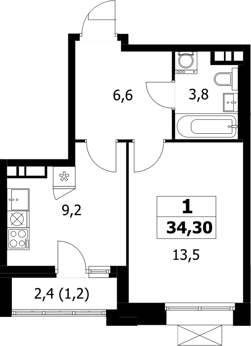 1-комн., 33.1 м², 8/12 этаж, ЖК «Прокшино»