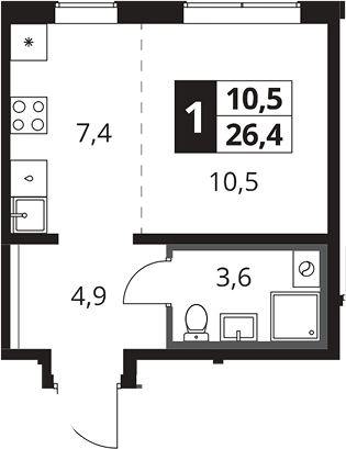 Студия, 26.4 м², 7/25 этаж, ЖК «1-й Южный»