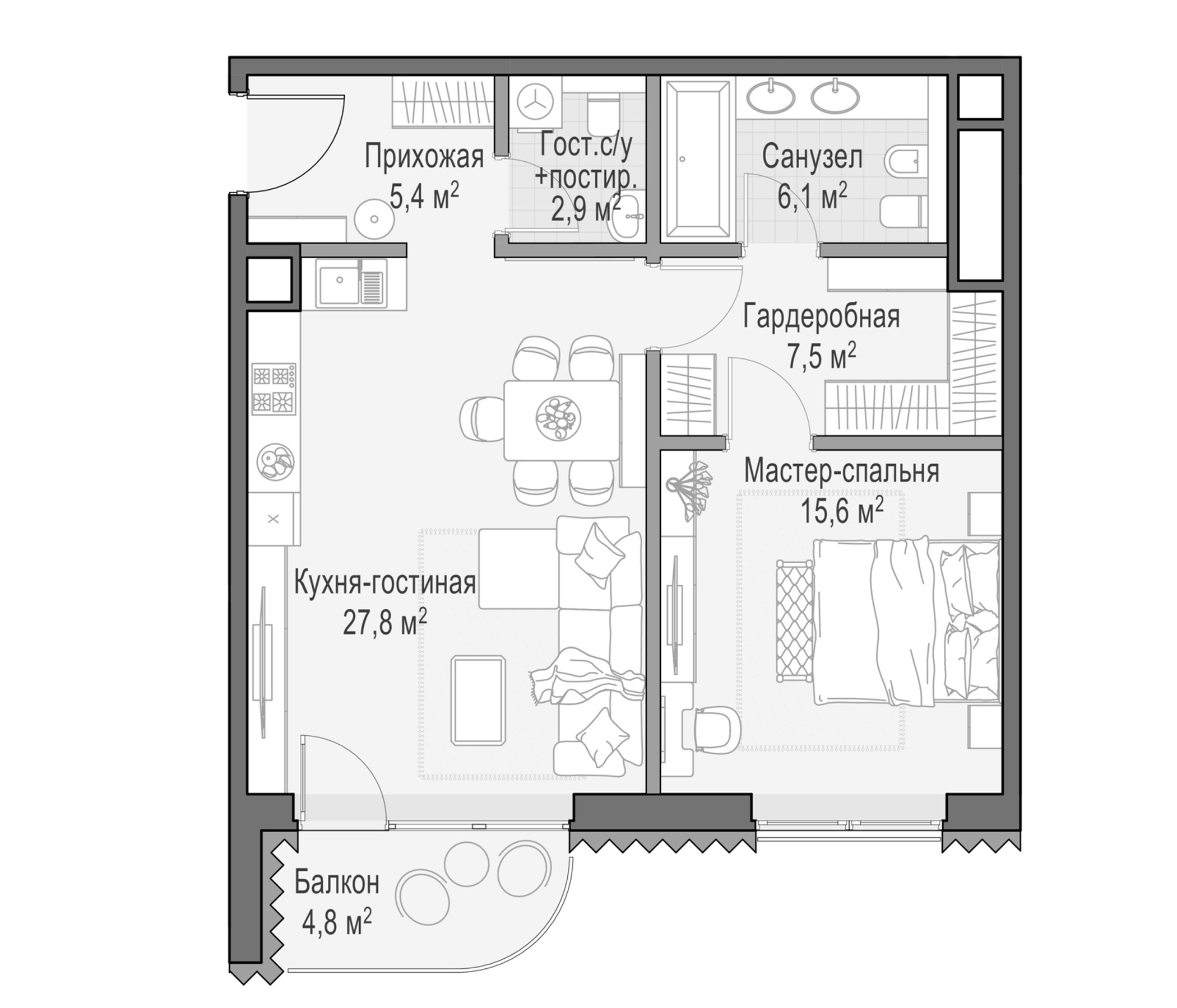 2-комн., 64.56 м², 6/8 этаж, ЖК «Дом Лаврушинский»