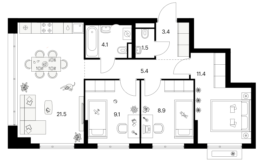 3-комн., 65.3 м², 2/13 этаж, ЖК «Зеленый парк»