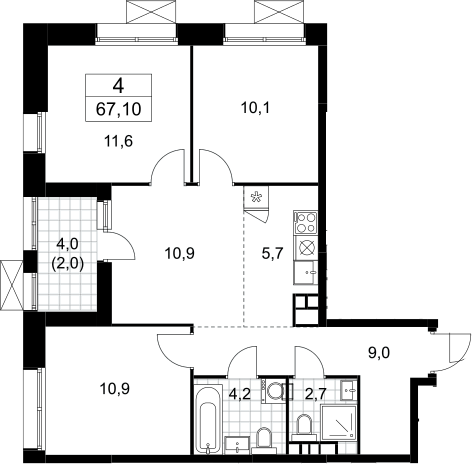4+ комнаты, 65.1 м², 16/21 этаж, ЖК «Бунинские кварталы»