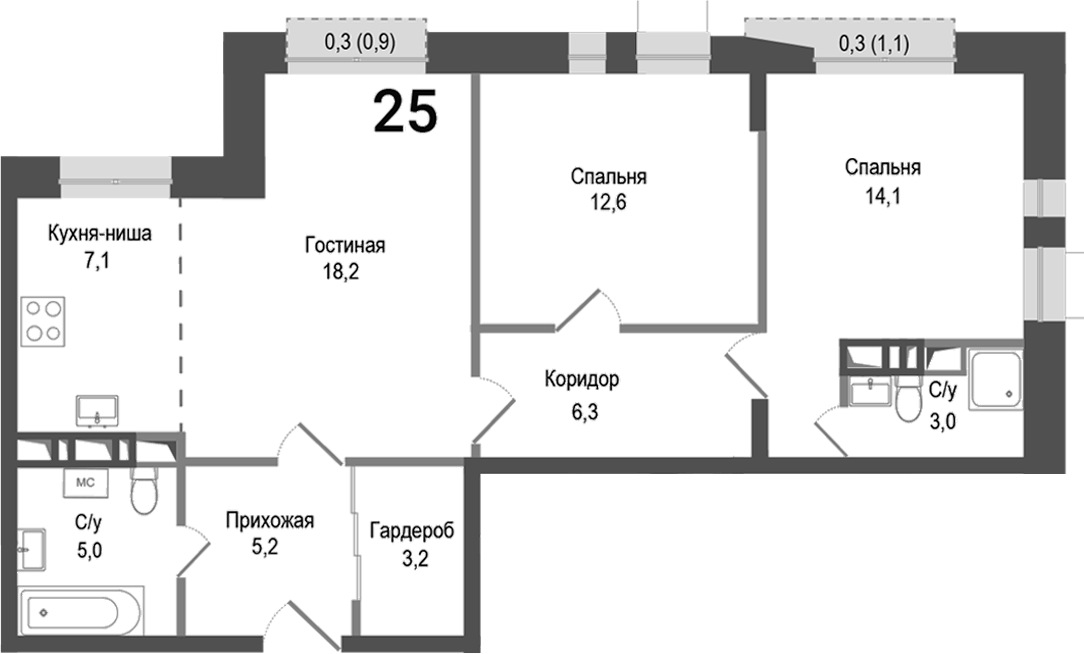 3-комн., 74.8 м², 6/8 этаж, ЖК «Киноквартал»