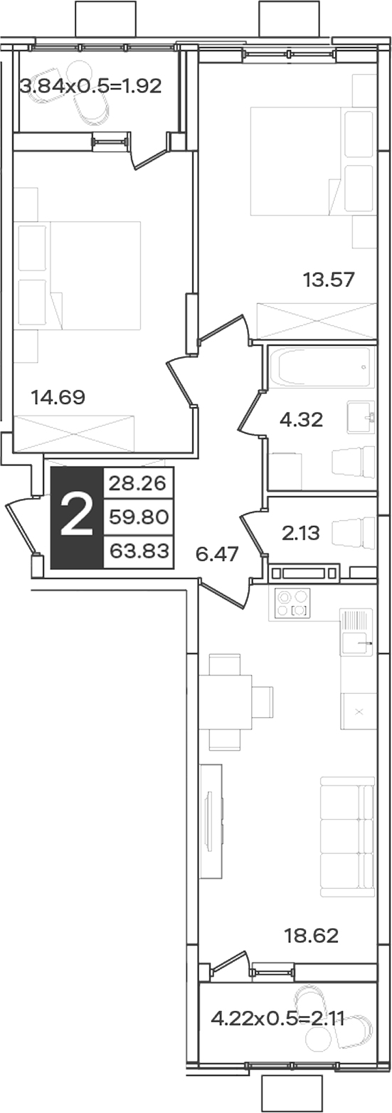 2-комн., 59.8 м², 4/9 этаж, ЖК «Сюжеты»