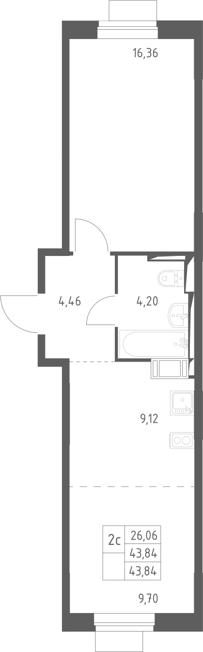 2-комн., 43.84 м², 3/12 этаж, ЖК «Пятницкие Луга»